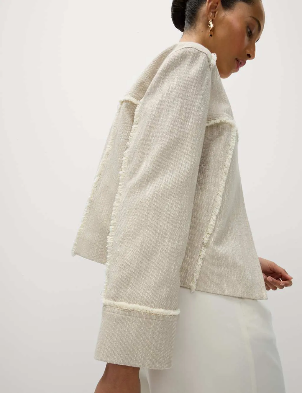Pure Cotton Collarless Frayed Edge Jacket