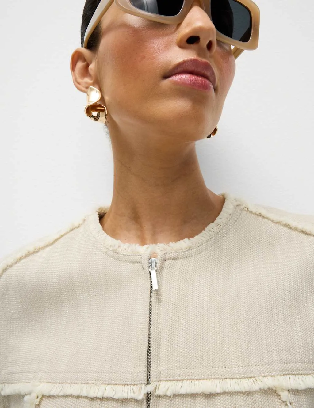 Pure Cotton Collarless Frayed Edge Jacket