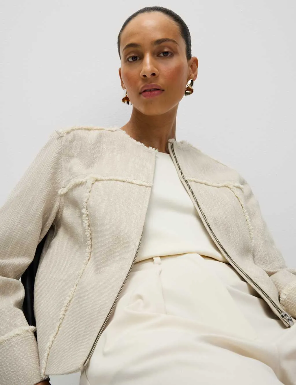 Pure Cotton Collarless Frayed Edge Jacket