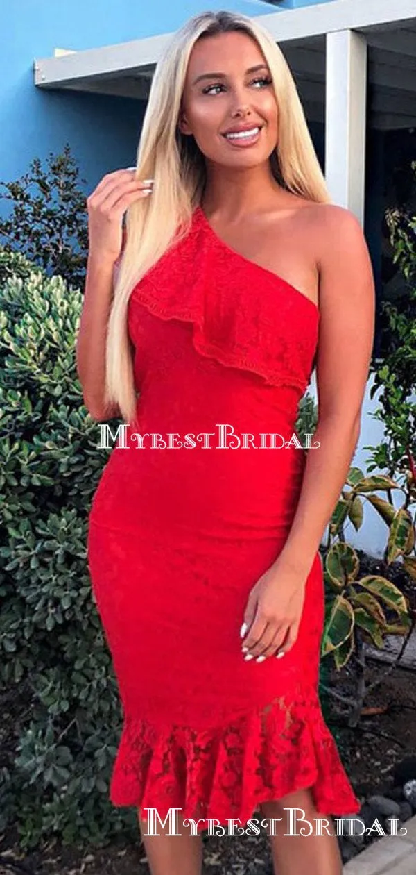 Red One Shoulder Lace Mermaid Short Cheap Homecoming Dresses, HDS0027