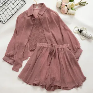 Red Sheer Shirt And Shorts Co-Ord Set