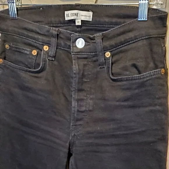 Re/Done Jet‎ Black Straight Leg Buttonfly Rough Hem Denim Jeans Pants Size 27