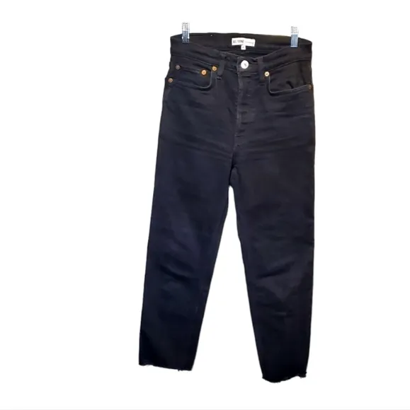 Re/Done Jet‎ Black Straight Leg Buttonfly Rough Hem Denim Jeans Pants Size 27