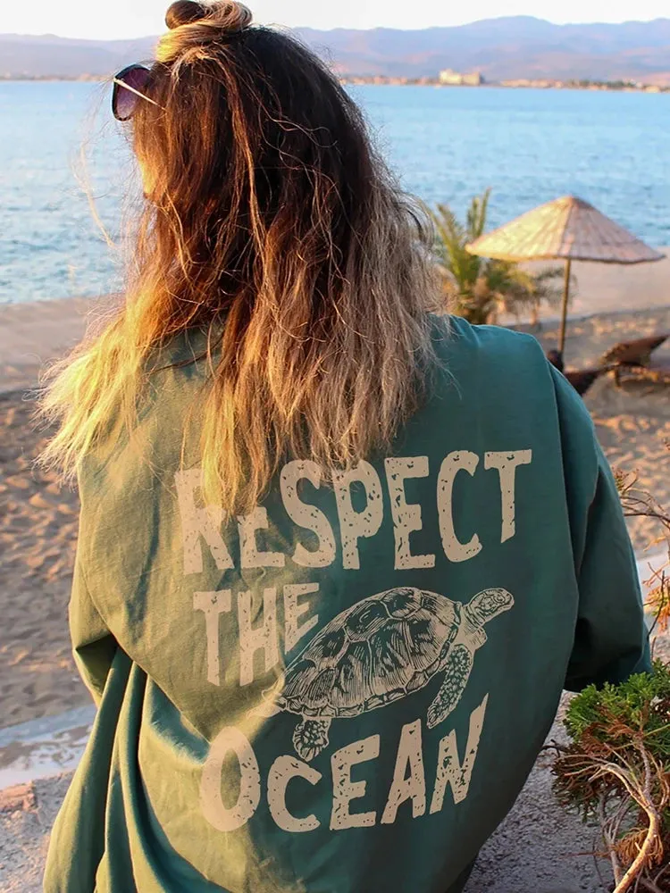Respect The Ocean Women's Green Turtle T-Shirt