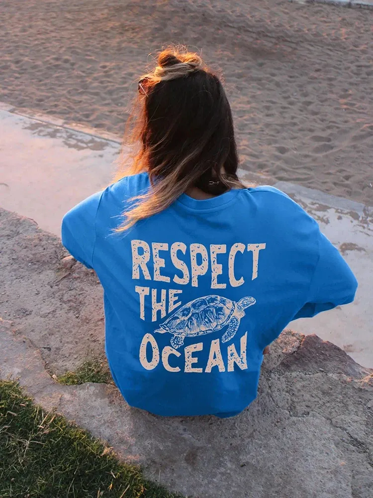 Respect The Ocean Women's Green Turtle T-Shirt