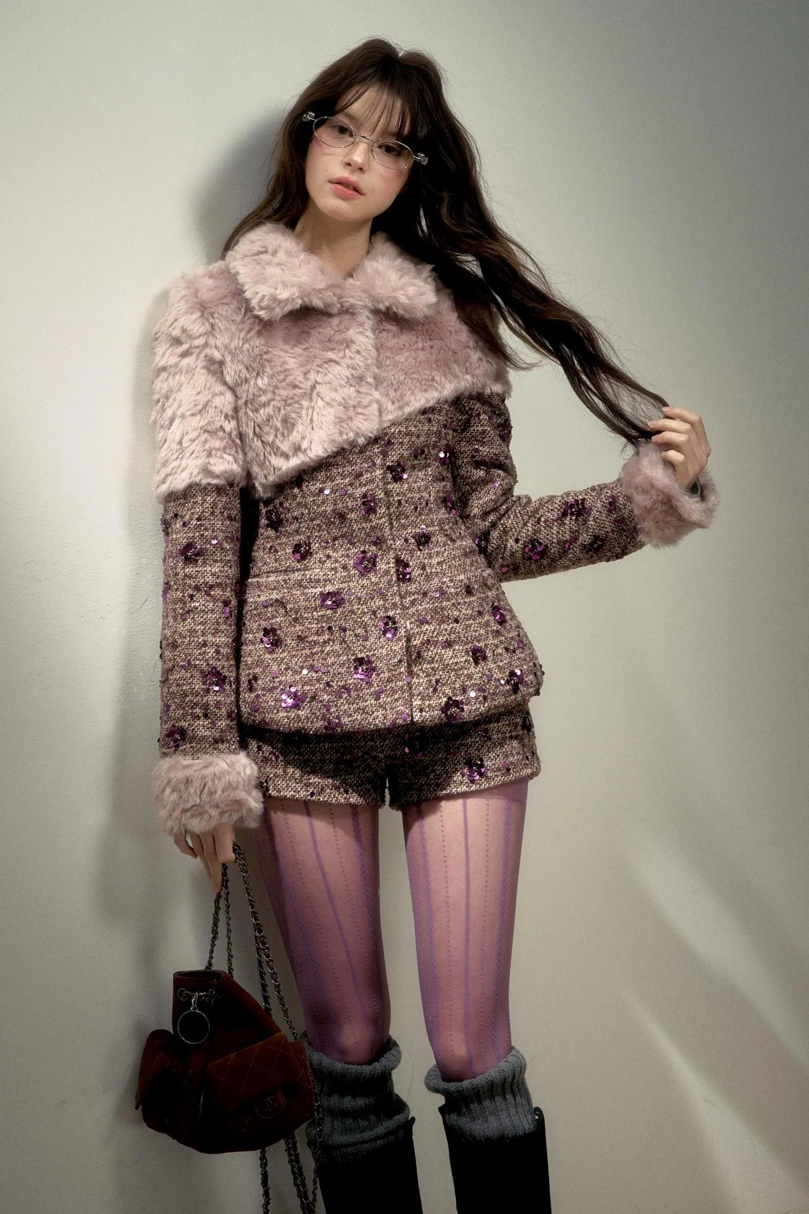 Retro Chic Purple Sequin Tweed Suit Set-Up