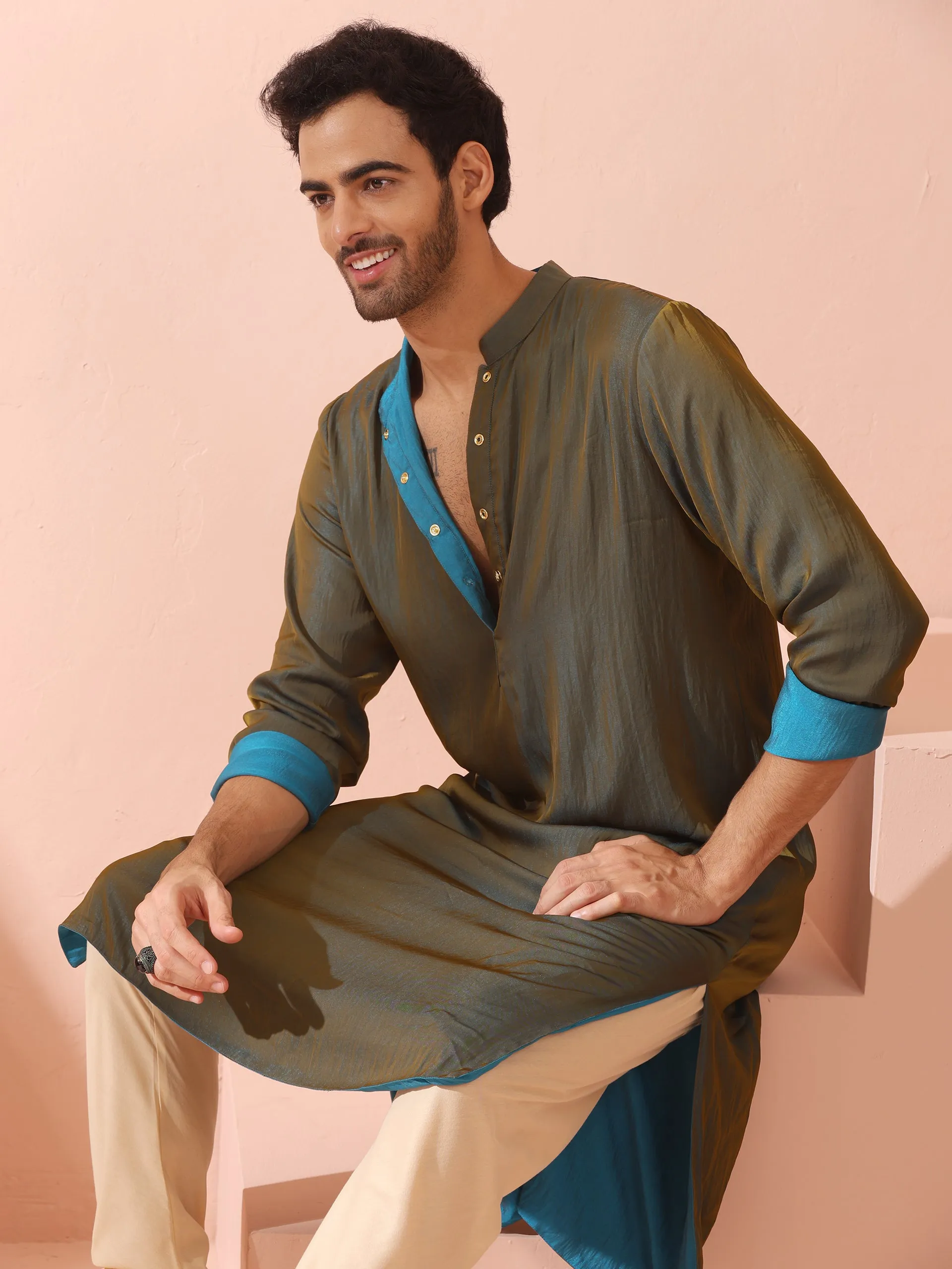 Reversable Grandeur Blue and Grey Kurta with Snaps