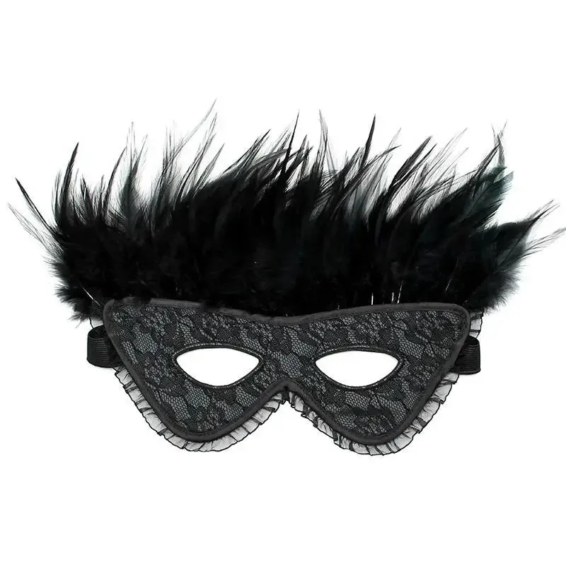 Rimba Satin Bondage Black Feather Mask with Elastic Straps