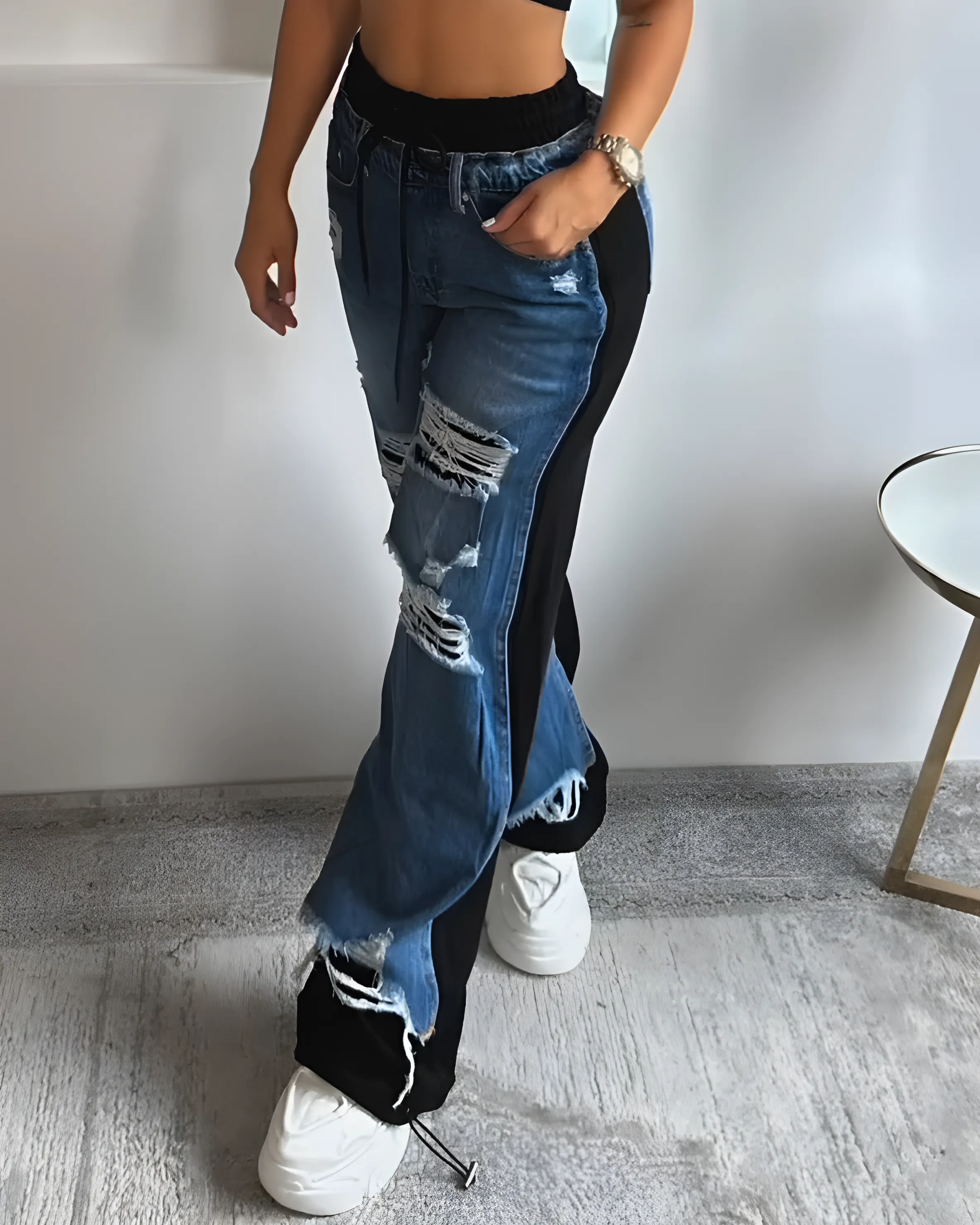 Ripped Panel Wide-Leg Pants
