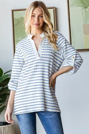ROLL UP SLEEVE MANDARIN COLLAR STRIPE TOP