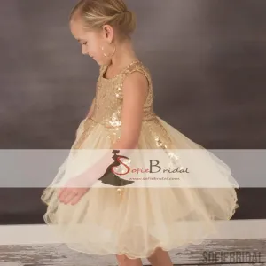 Round Neck Gold Sequin Flower Girl Dresses, Lovely Tulle Dresses, Flower Girl Dresses, FG089