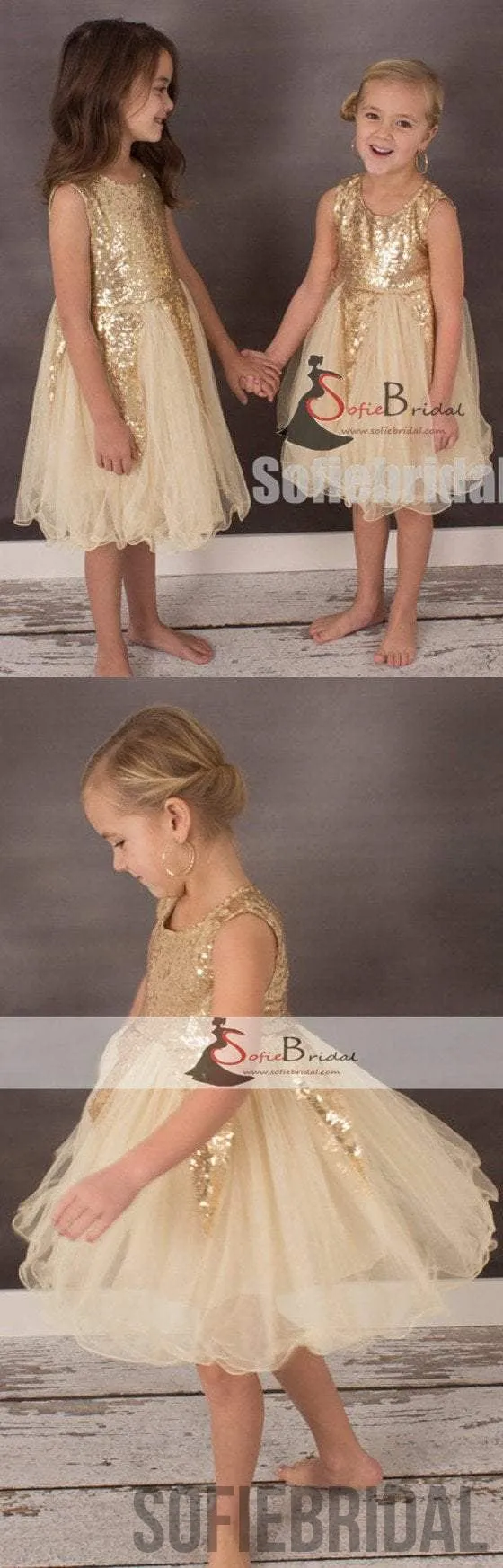 Round Neck Gold Sequin Flower Girl Dresses, Lovely Tulle Dresses, Flower Girl Dresses, FG089