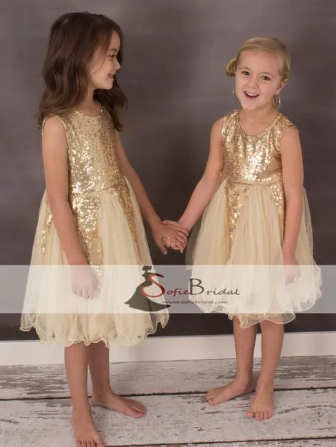 Round Neck Gold Sequin Flower Girl Dresses, Lovely Tulle Dresses, Flower Girl Dresses, FG089