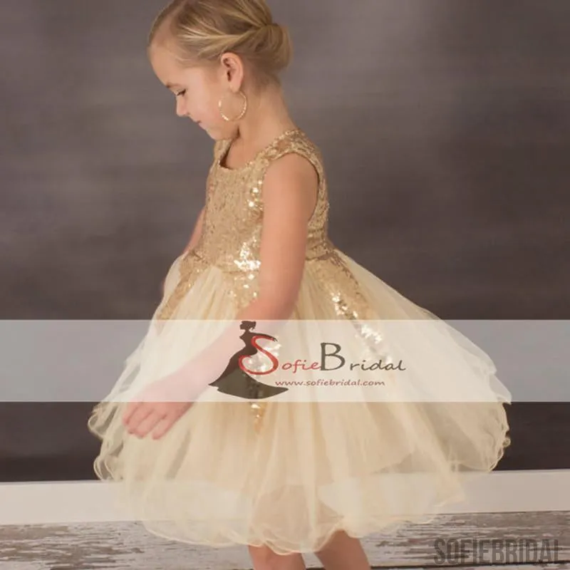 Round Neck Gold Sequin Flower Girl Dresses, Lovely Tulle Dresses, Flower Girl Dresses, FG089