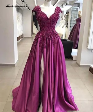 Roycebridal Luxury Purple Prom Dresses Deep V Neck Lace Appliques Beaded Side Split Floor Length Plus Size Mother Evening Quinceanera Party