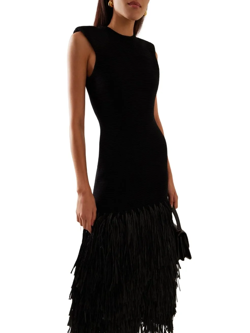 Rushes Raffia-Trimmed Knit Midi Dress