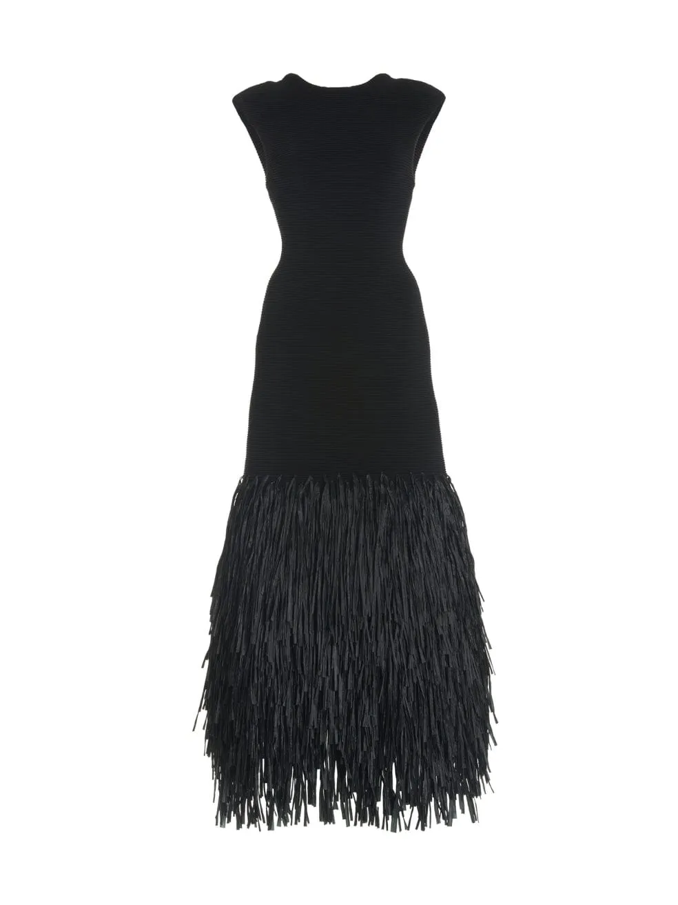 Rushes Raffia-Trimmed Knit Midi Dress