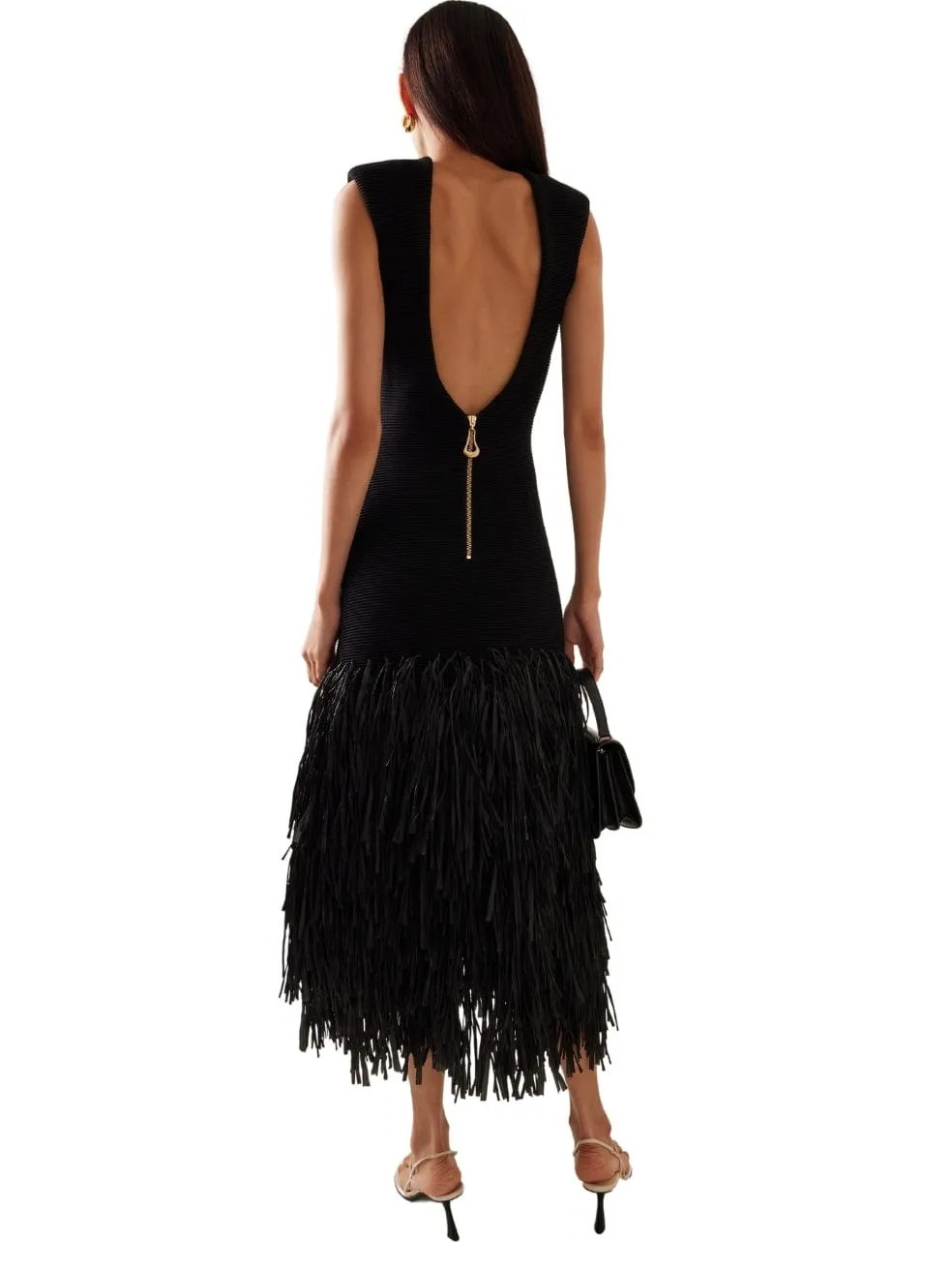 Rushes Raffia-Trimmed Knit Midi Dress