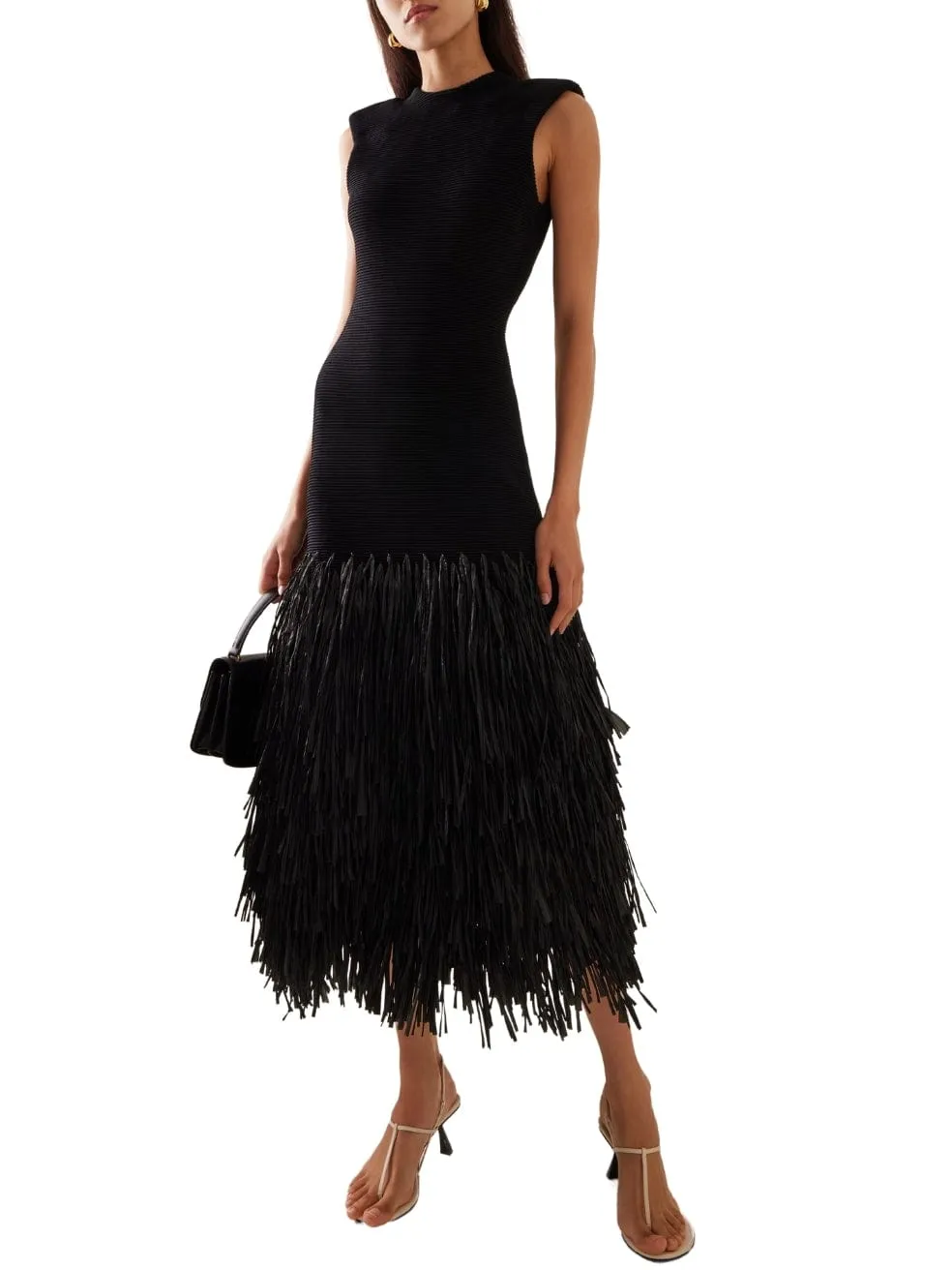 Rushes Raffia-Trimmed Knit Midi Dress