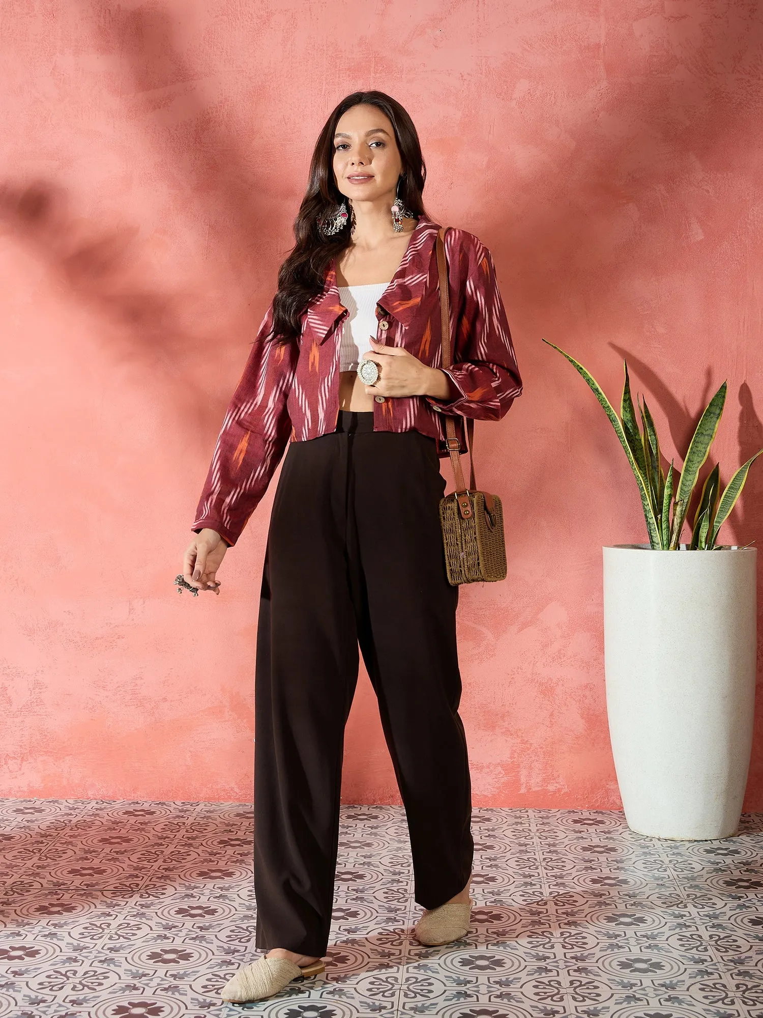 Rust Ikkat Collar Short Jacket