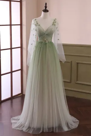 Sage Long Sleeves A-line Tulle Prom Dresses with Appliques