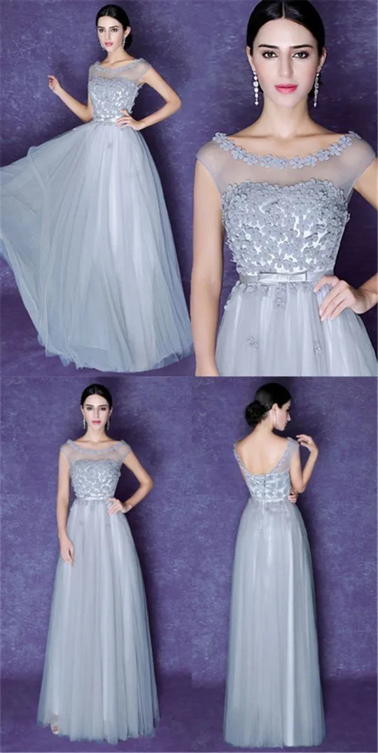 Scoop Neckline Grey Appliques Tulle Long Prom Dresses, BG0015