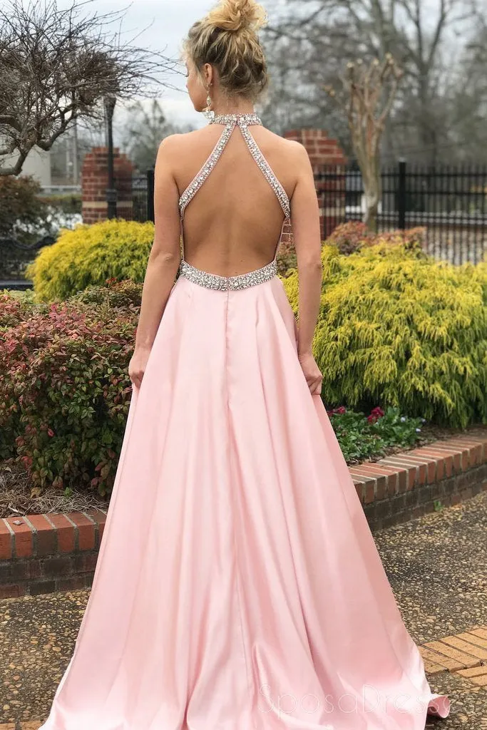 Sexy Backless Pink Halter A-line Long Evening Prom Dresses, 17685