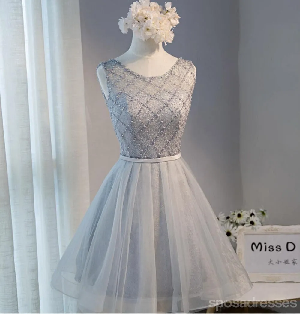 Sexy Open Back Grey Lace Beaded Homecoming Prom Dresses, Affordable Short Party Prom Dresses, Perfect Homecoming Dresses, CM286
