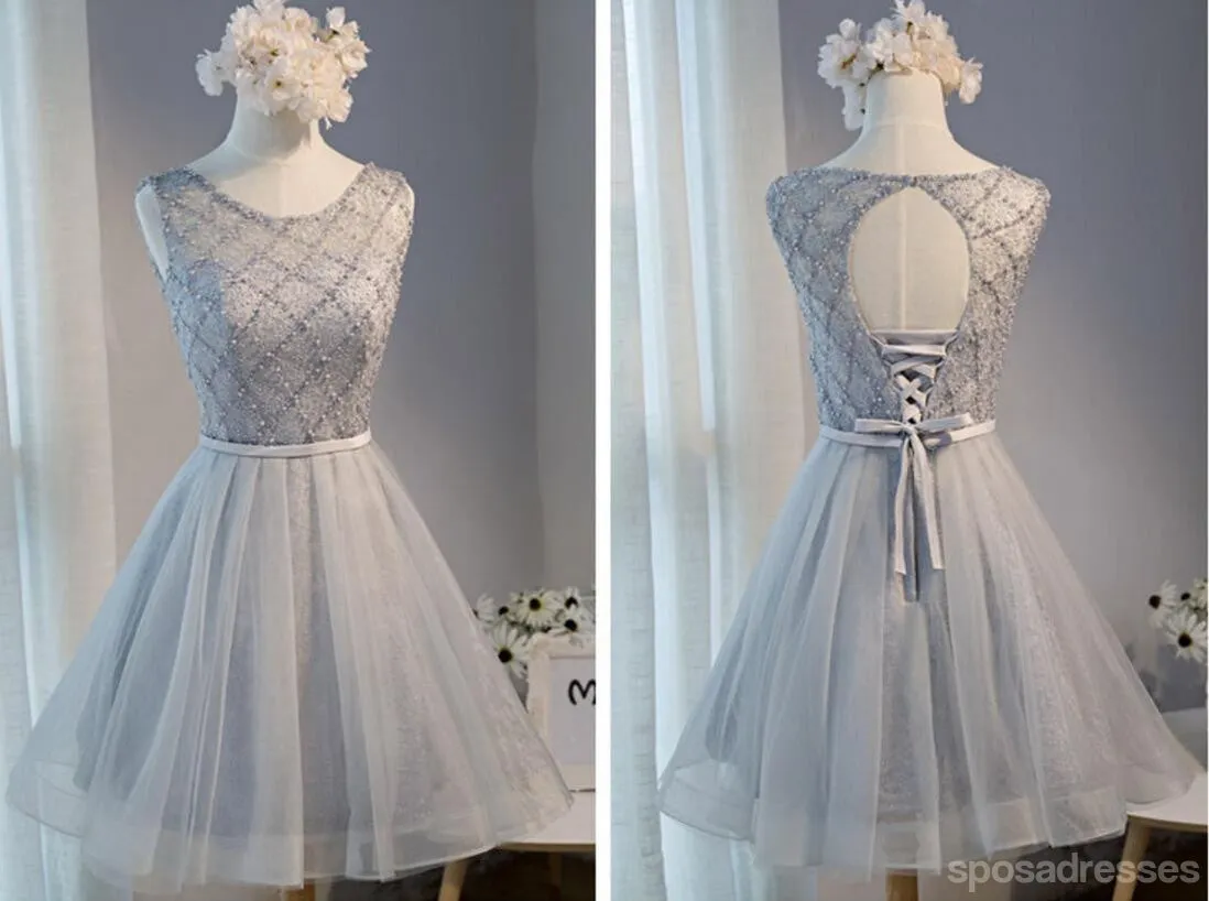 Sexy Open Back Grey Lace Beaded Homecoming Prom Dresses, Affordable Short Party Prom Dresses, Perfect Homecoming Dresses, CM286