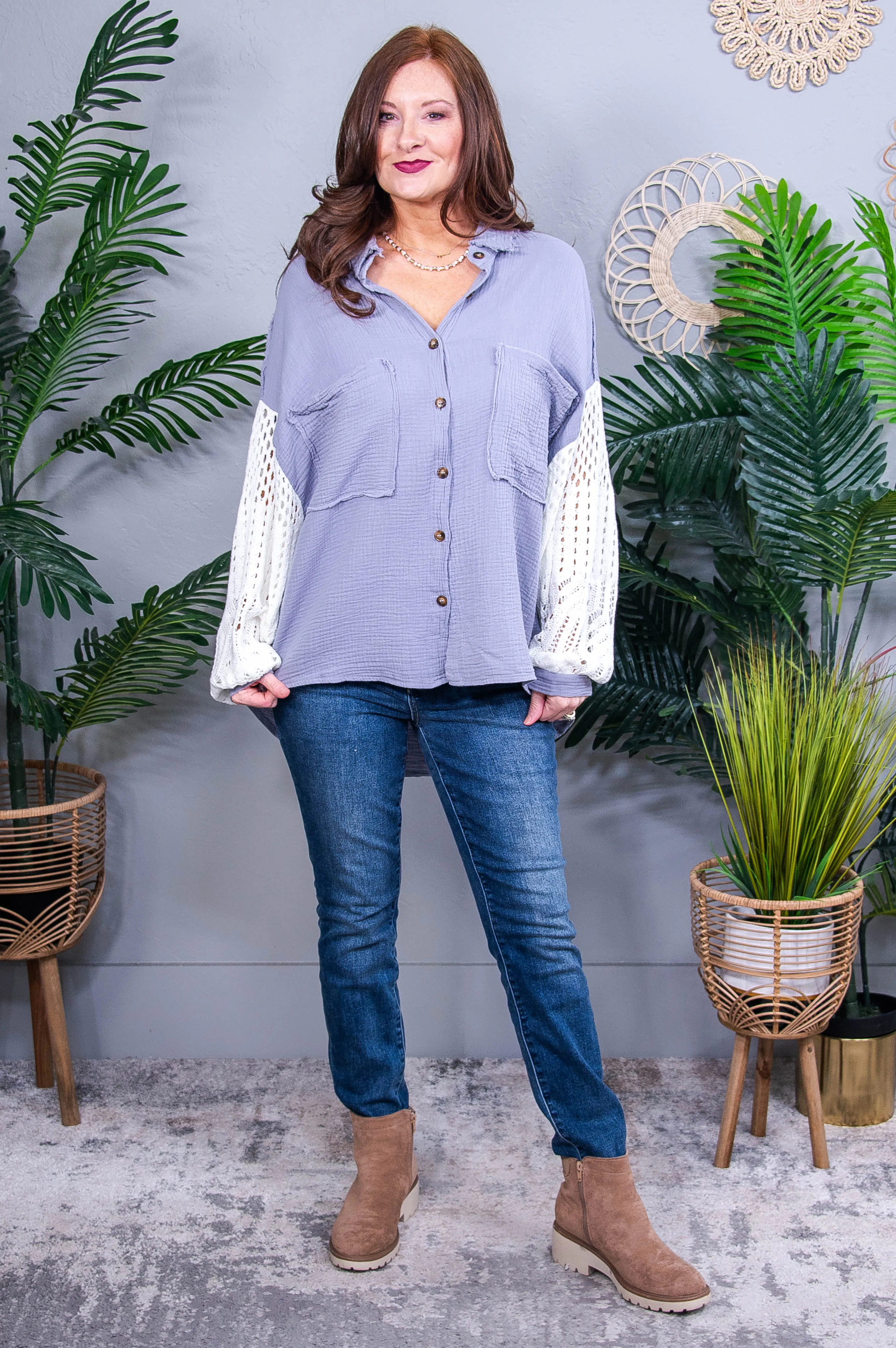 She's A Big Deal Crocheted Sleeves Top - T10881GR
