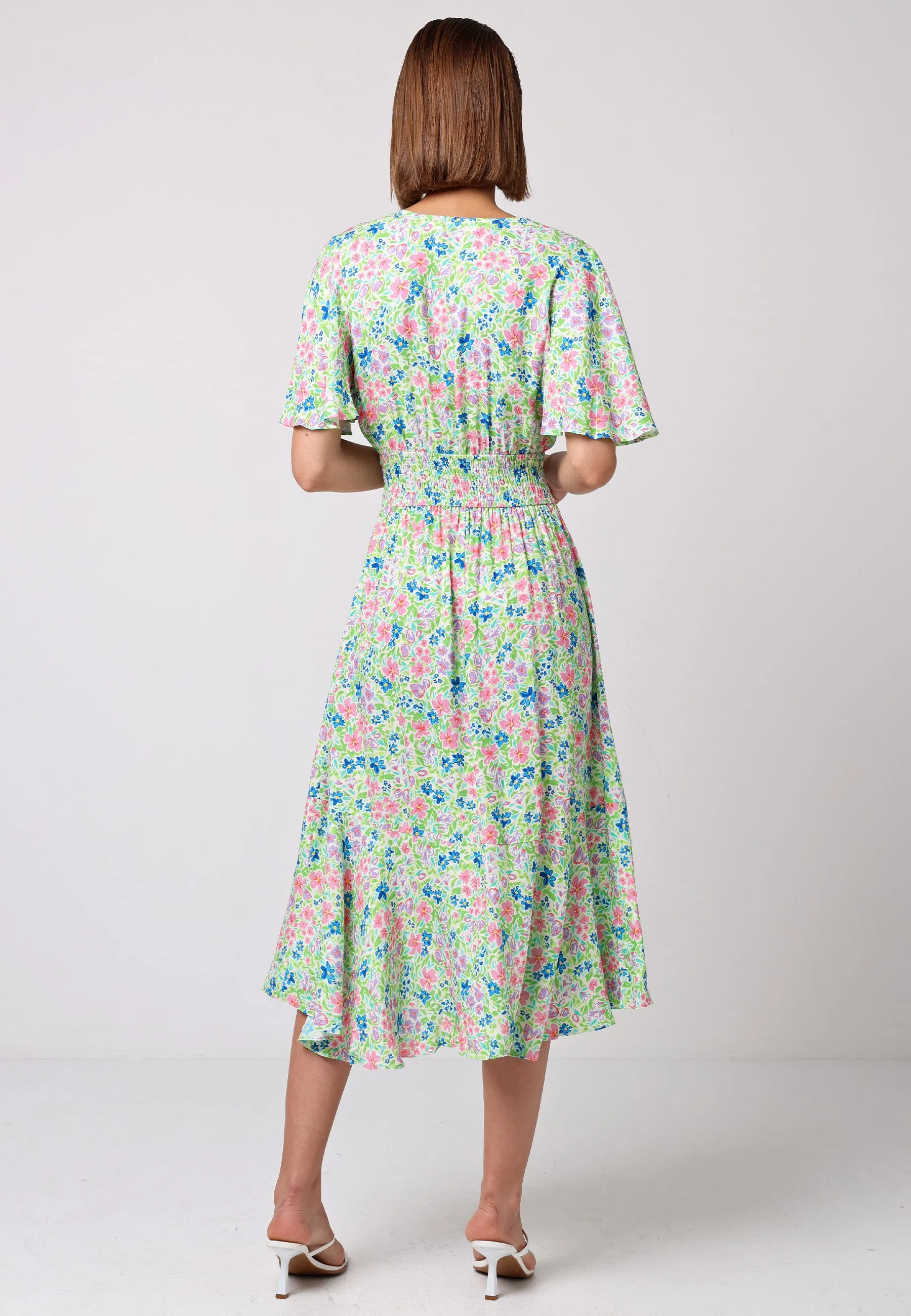 Shirred Waist Wrap Top Flutter Sleeve Midi Dress