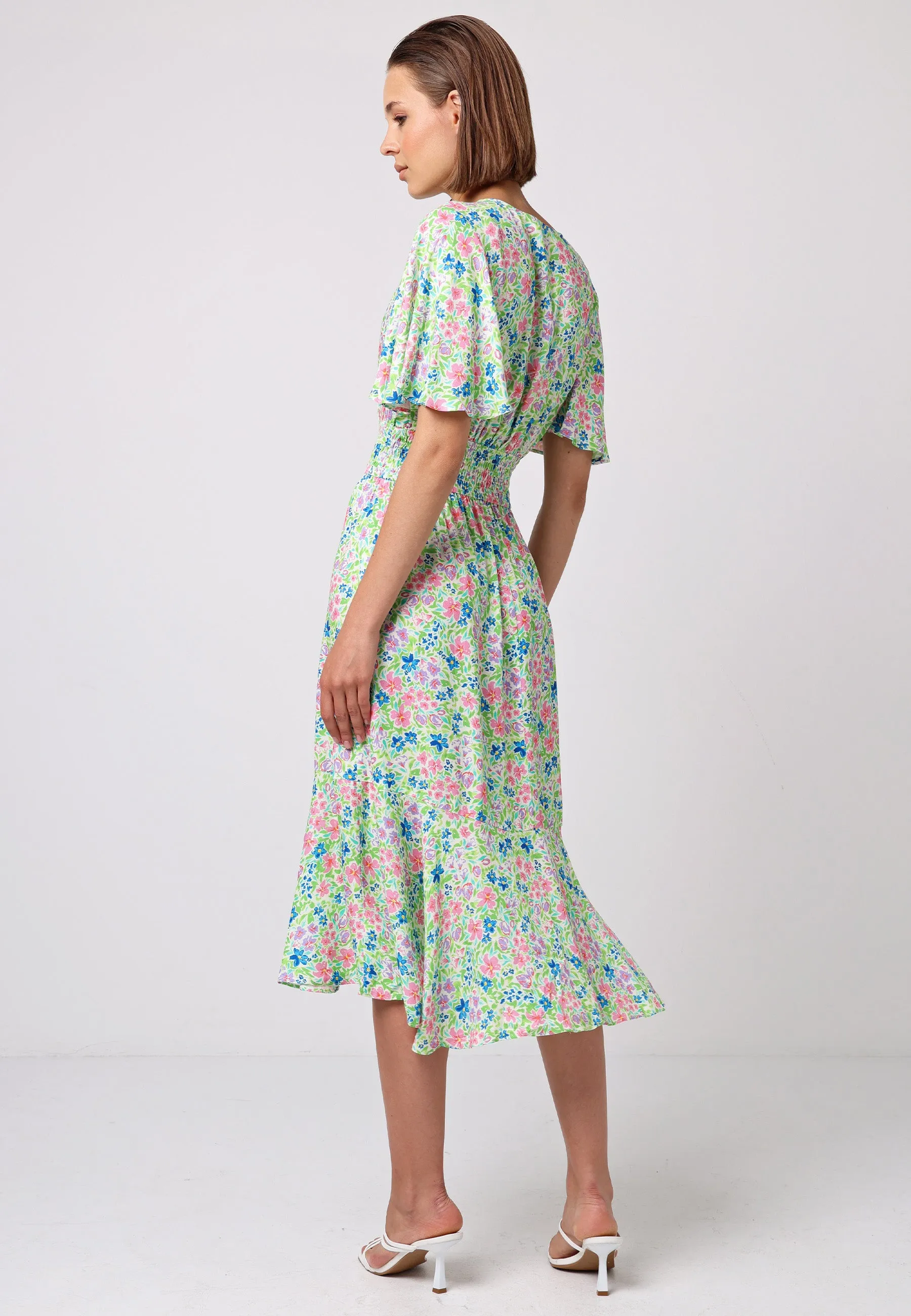 Shirred Waist Wrap Top Flutter Sleeve Midi Dress