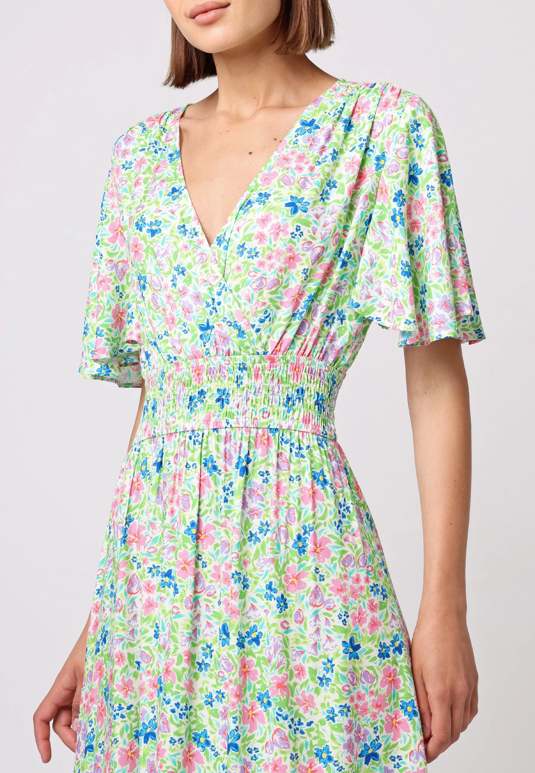 Shirred Waist Wrap Top Flutter Sleeve Midi Dress