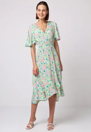 Shirred Waist Wrap Top Flutter Sleeve Midi Dress