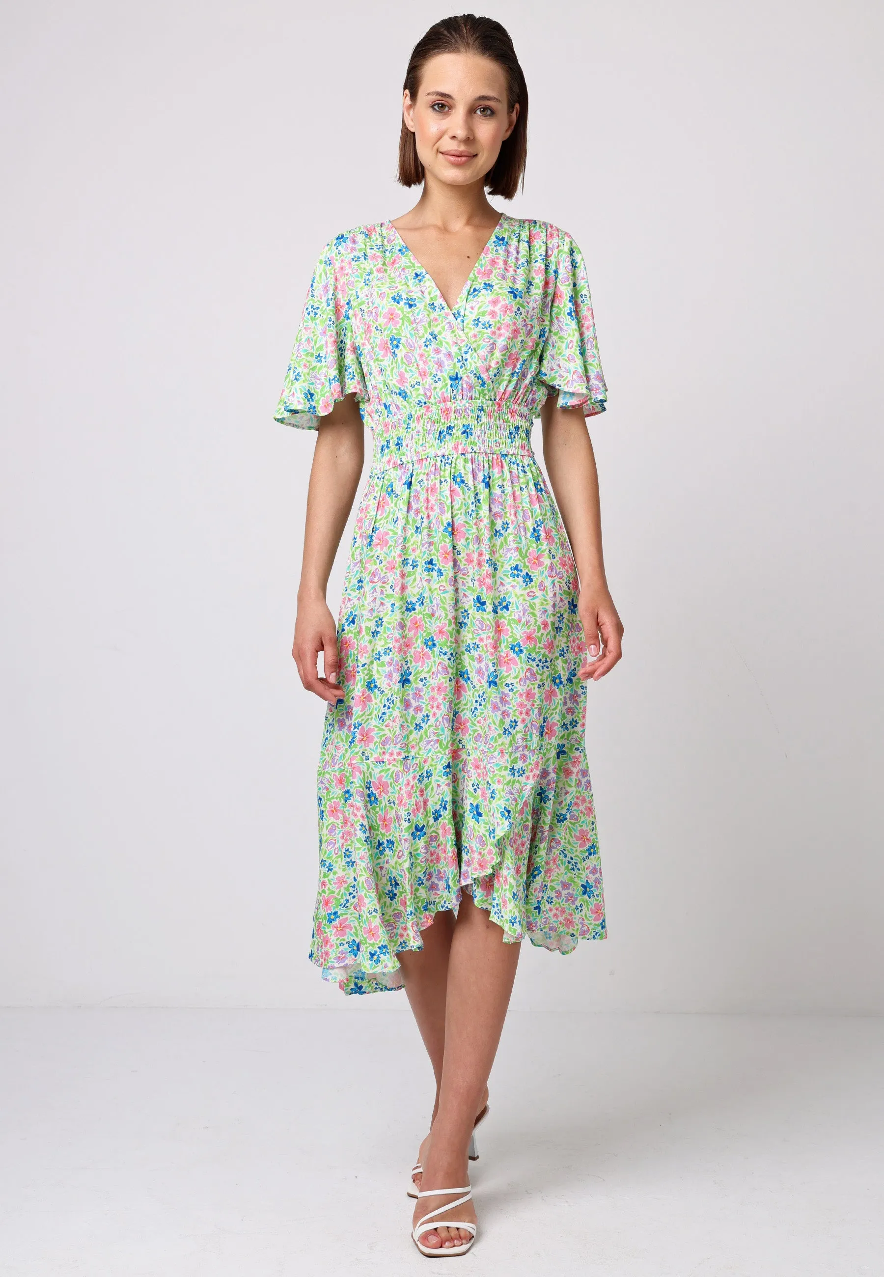 Shirred Waist Wrap Top Flutter Sleeve Midi Dress