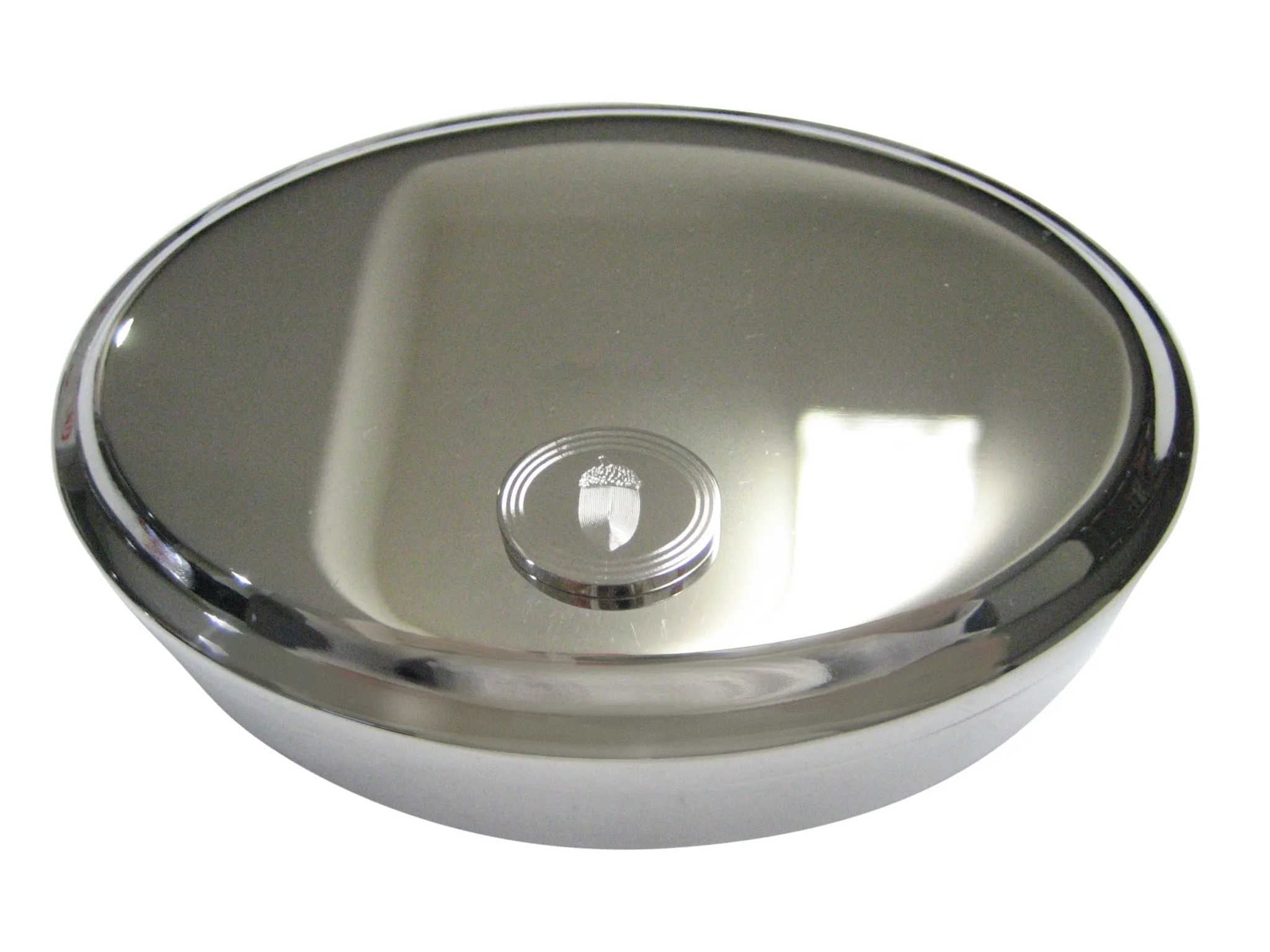 Silver Toned Etched Oval Acorn Oval Trinket Jewelry Box