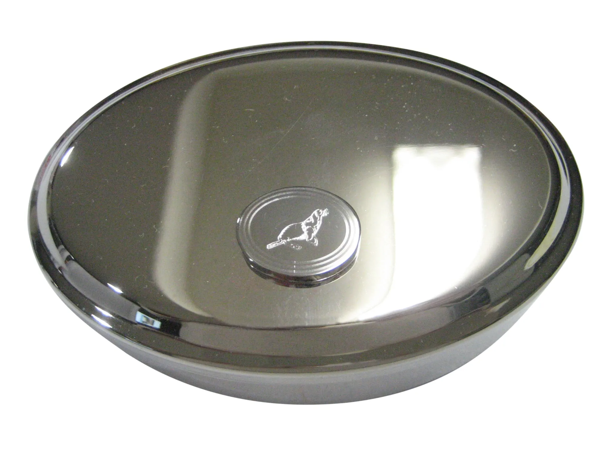 Silver Toned Oval Etched Sea Lion Oval Trinket Jewelry Box