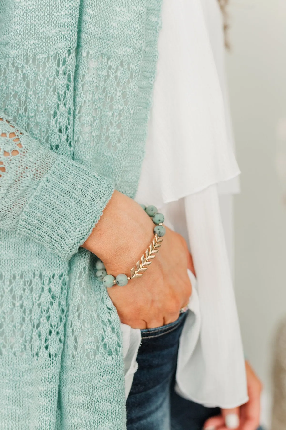 Single Feather Pendant Beaded Bracelet- Dusty Teal