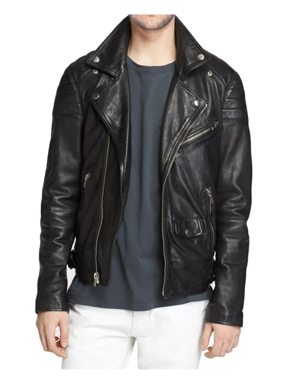 Snap Down Collar Trim Leather Biker Jacket