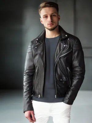 Snap Down Collar Trim Leather Biker Jacket