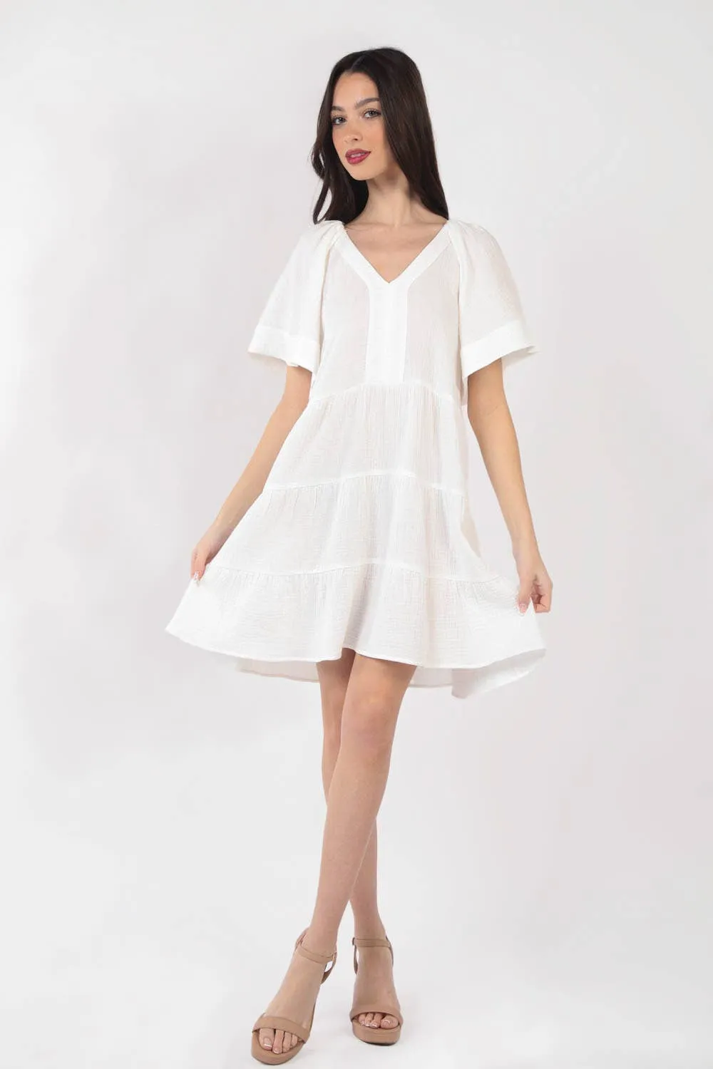 Solid Babydoll Tiered Flare Mini Dress ND31159