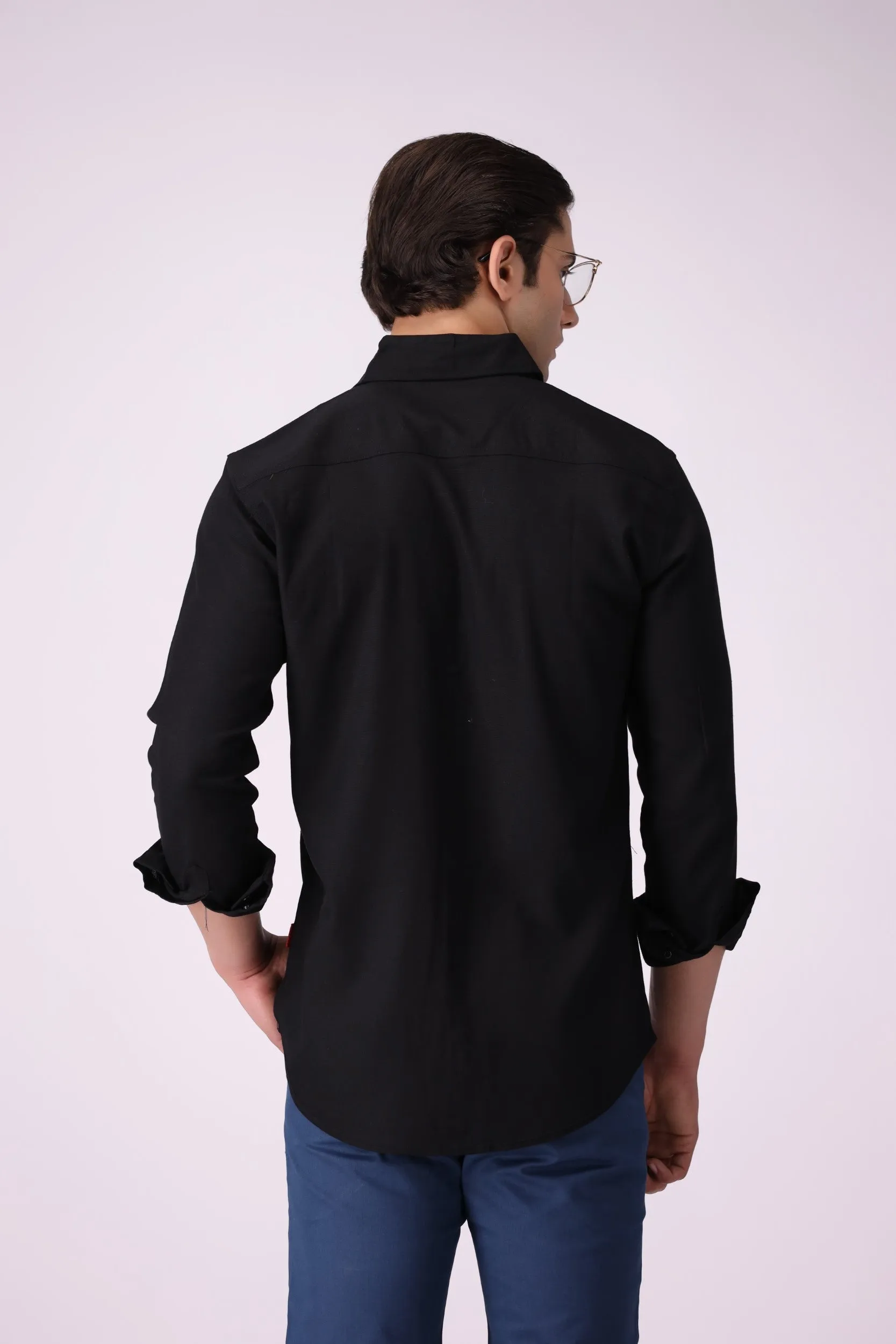 Solid Black Textured Casual Shirt