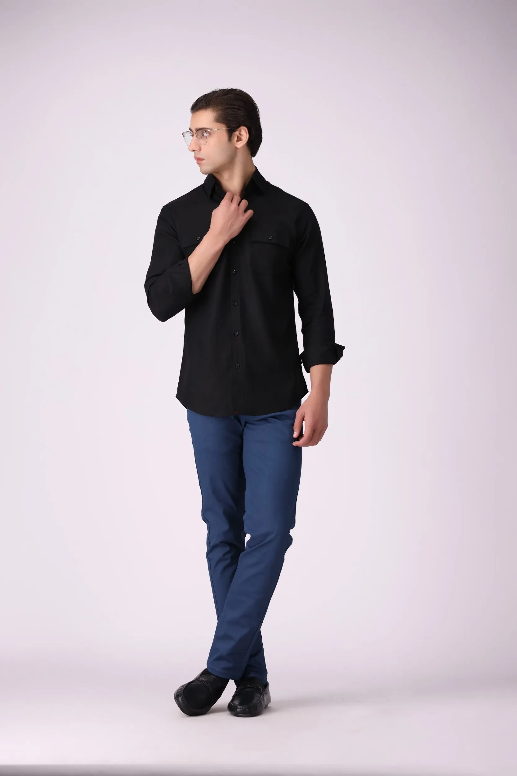 Solid Black Textured Casual Shirt
