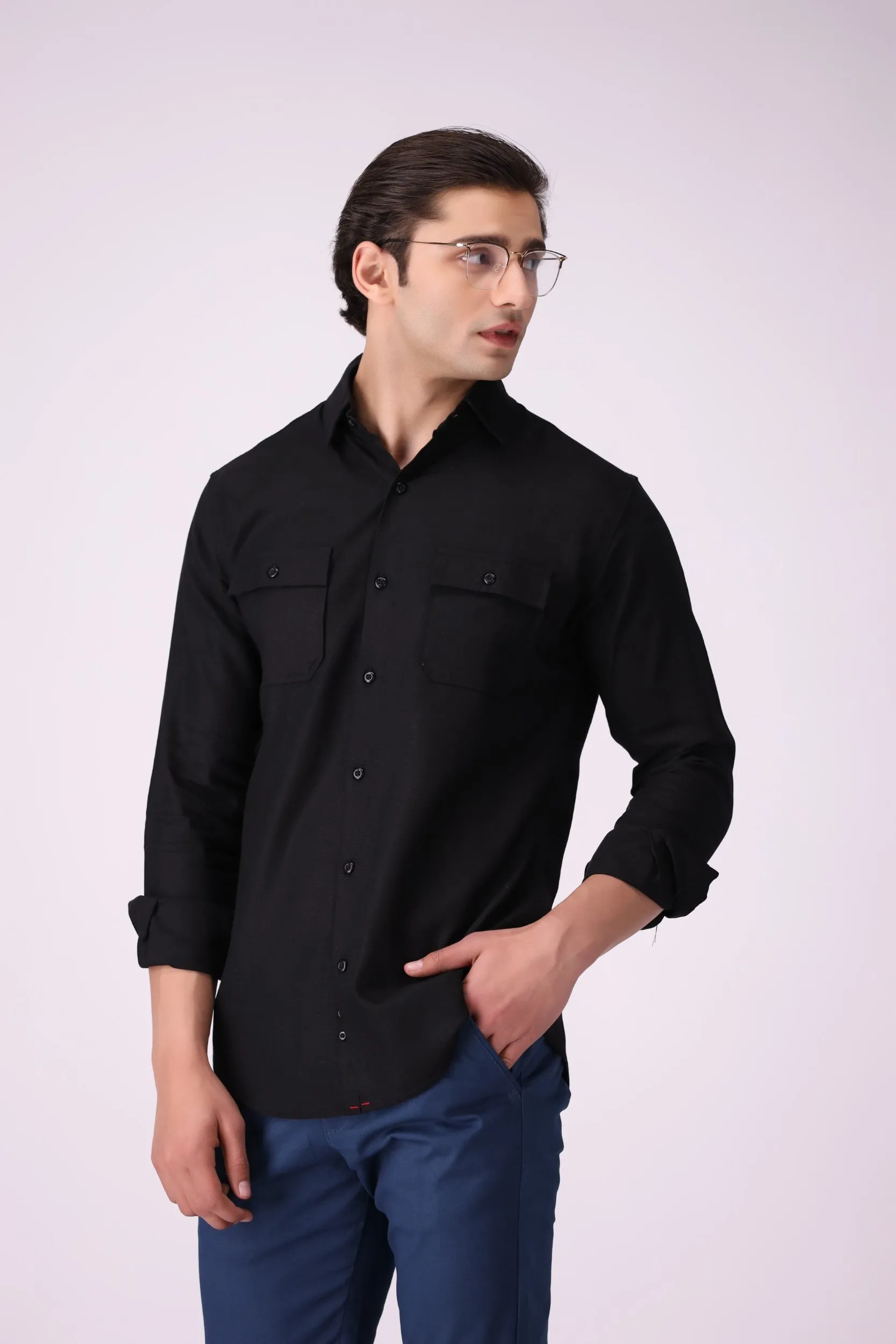 Solid Black Textured Casual Shirt