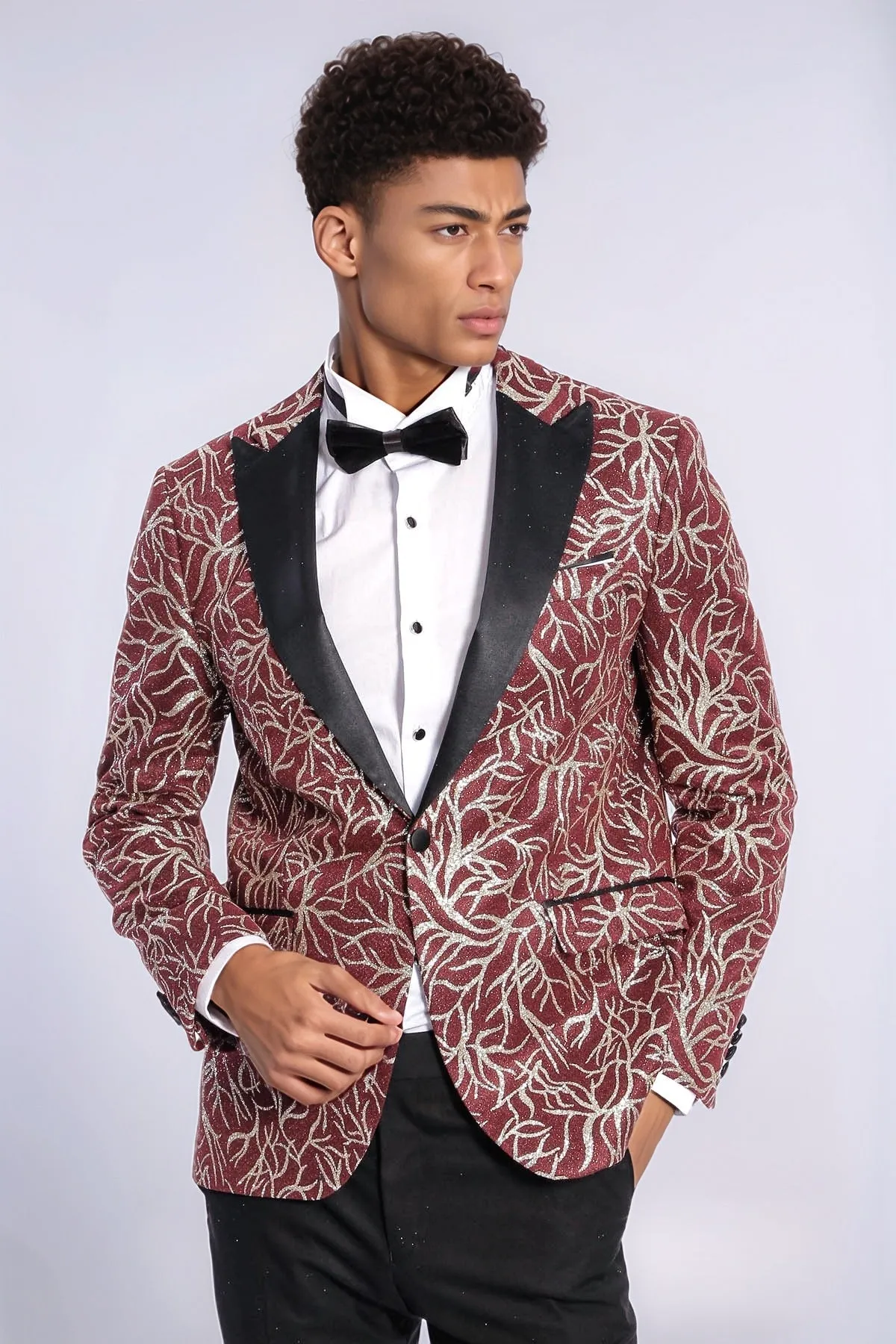 Sparkling Ivy Patterned Slim Fit Burgundy Men Prom Blazer - Wessi
