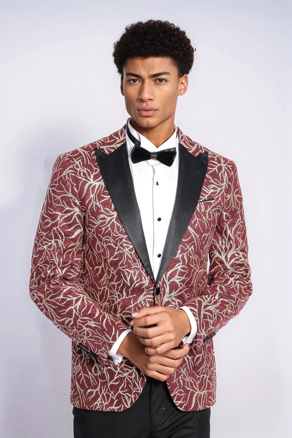 Sparkling Ivy Patterned Slim Fit Burgundy Men Prom Blazer - Wessi