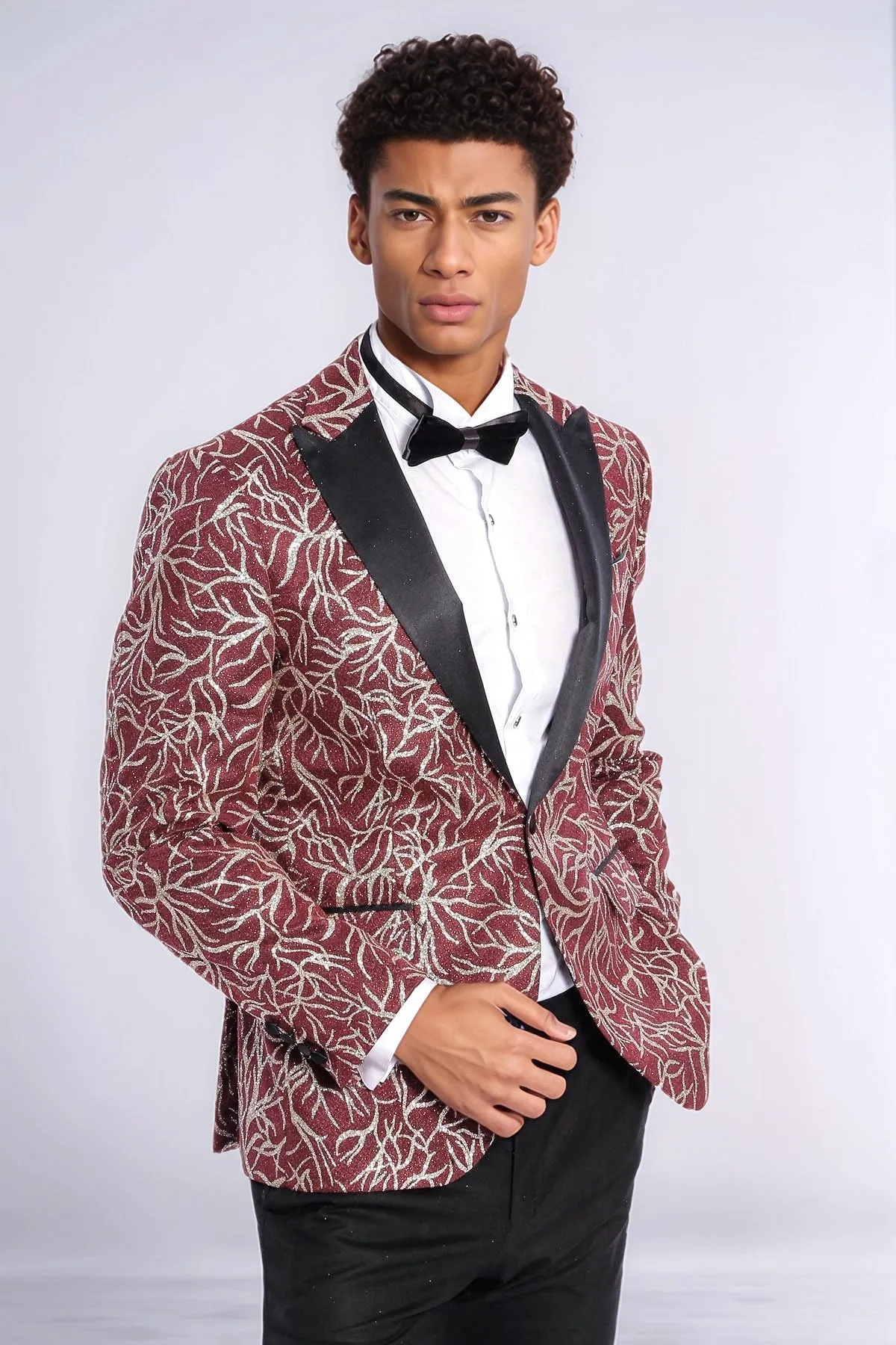 Sparkling Ivy Patterned Slim Fit Burgundy Men Prom Blazer - Wessi
