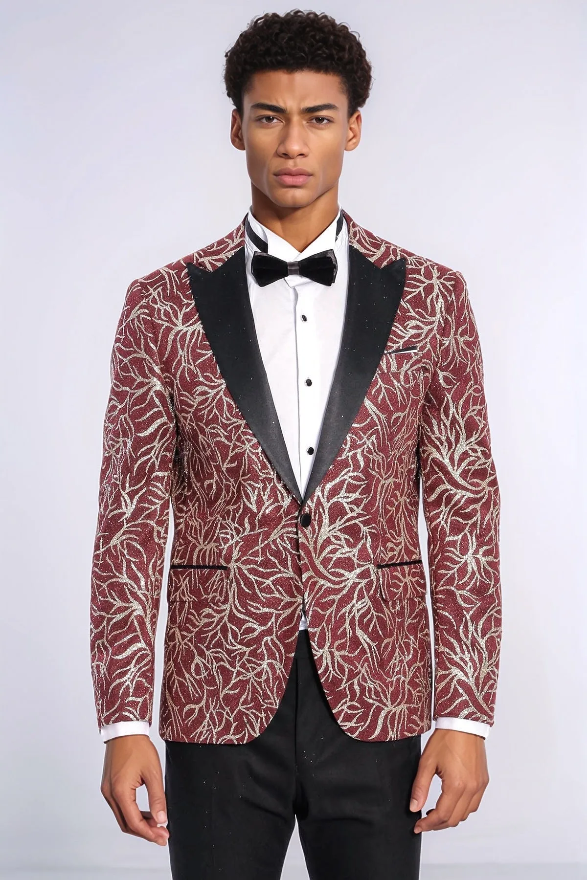 Sparkling Ivy Patterned Slim Fit Burgundy Men Prom Blazer - Wessi