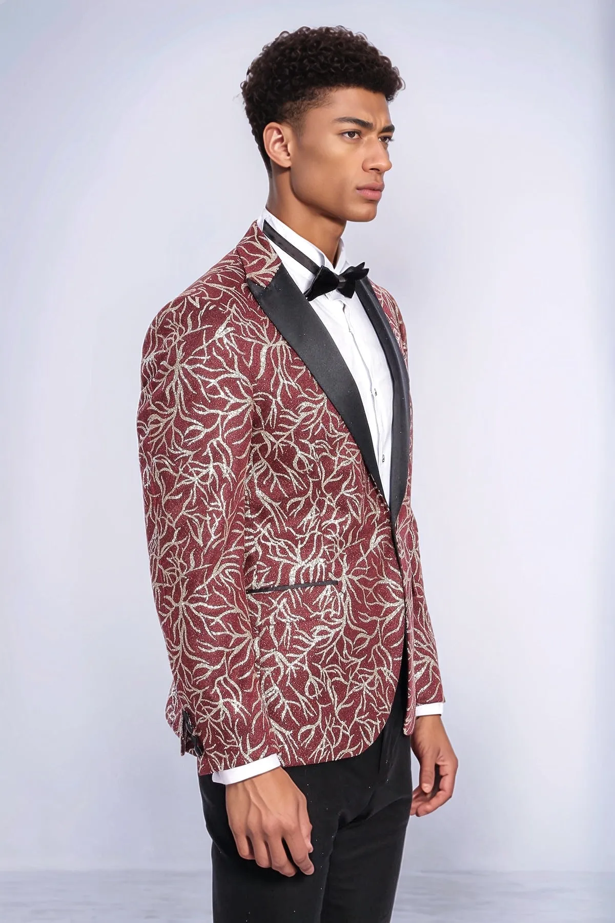 Sparkling Ivy Patterned Slim Fit Burgundy Men Prom Blazer - Wessi