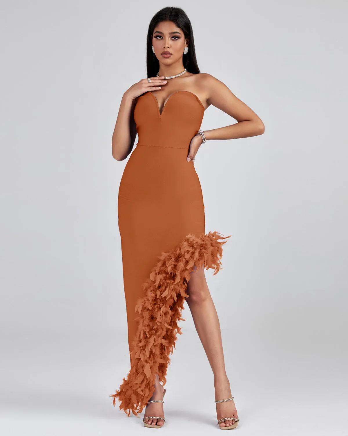 Strapless Feather Trim Bandage Long Dress